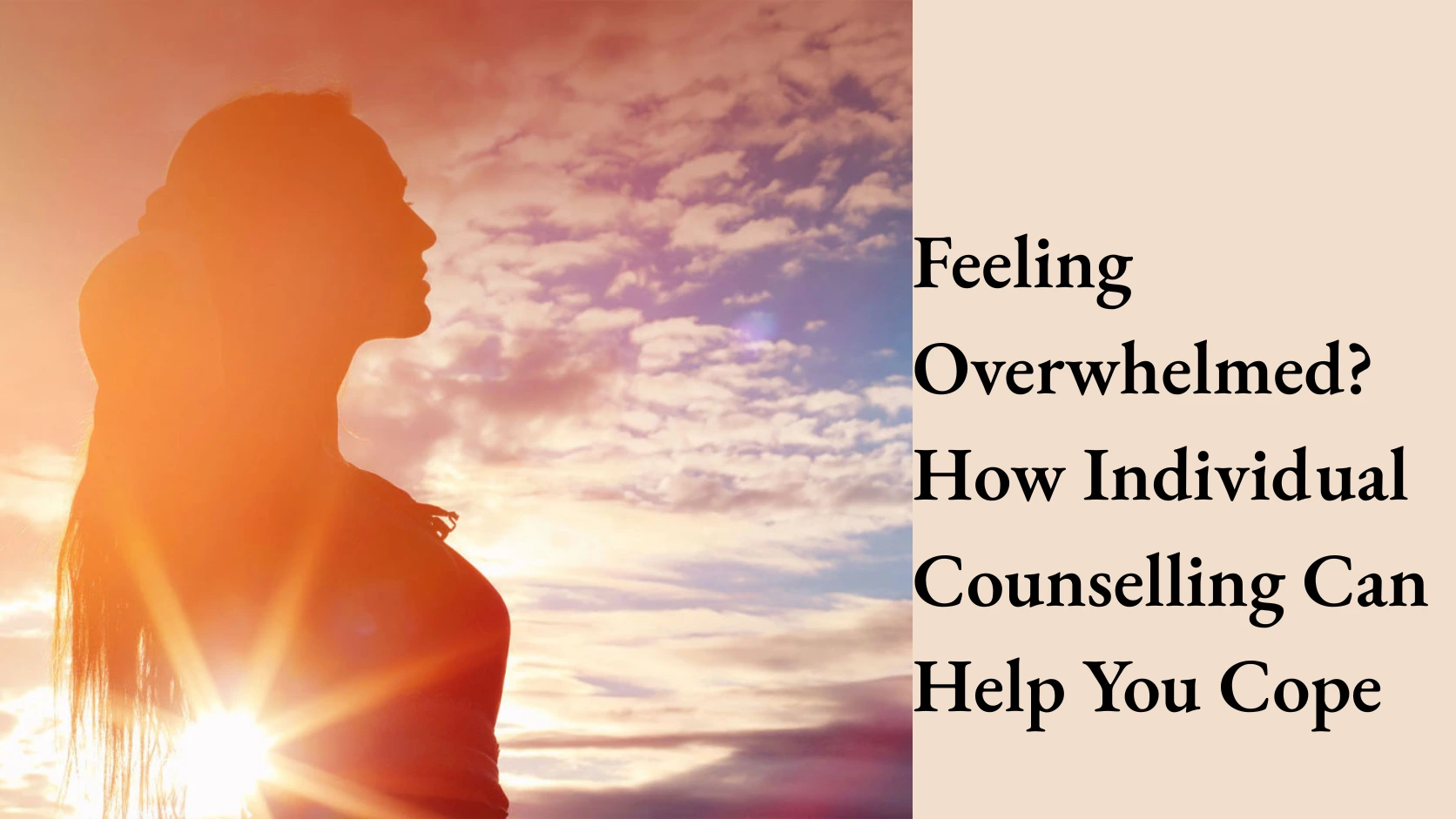 A silhouetted person stands against a sunset sky with clouds, conveying hope and reflection.