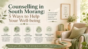 Counseling advertisement featuring a serene living room with plants and cozy decor. Lists '5 Ways to Help Your Well-being' with icons and descriptions: emotional support, self-awareness, coping strategies, relationships, and personal growth.