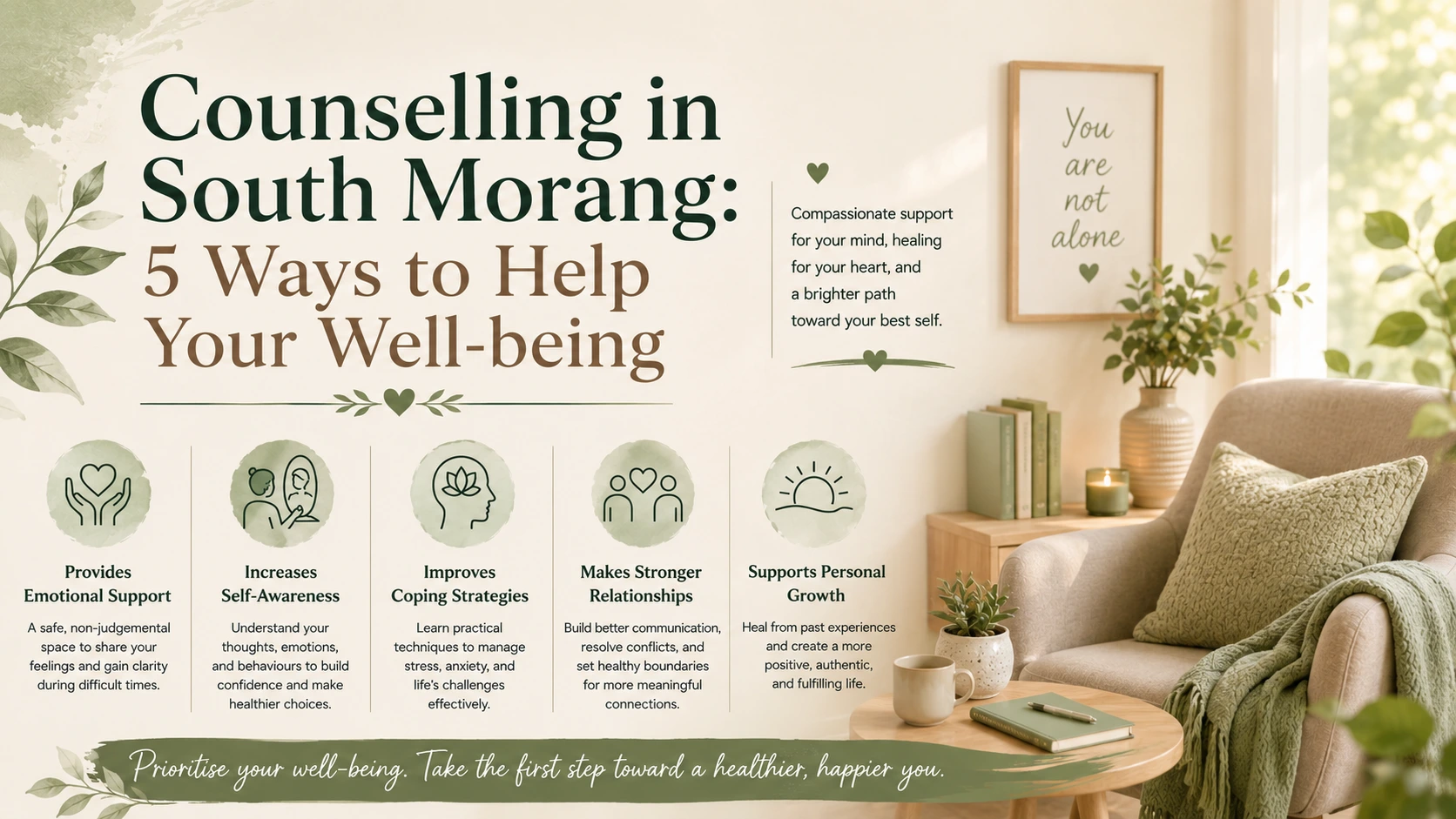 Counseling advertisement featuring a serene living room with plants and cozy decor. Lists '5 Ways to Help Your Well-being' with icons and descriptions: emotional support, self-awareness, coping strategies, relationships, and personal growth.